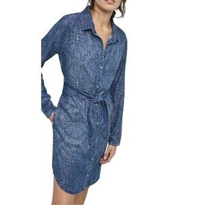 Anthropologie Cloth & Stone Floral Print Tie Front Chambray Shirt Dress Size M